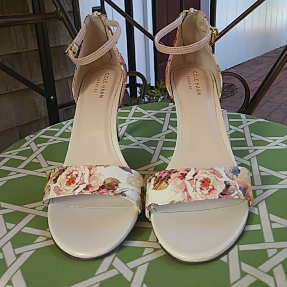 Cole Haan Floral Ankle-Strap Block Heel Sandals in Cream and Pink